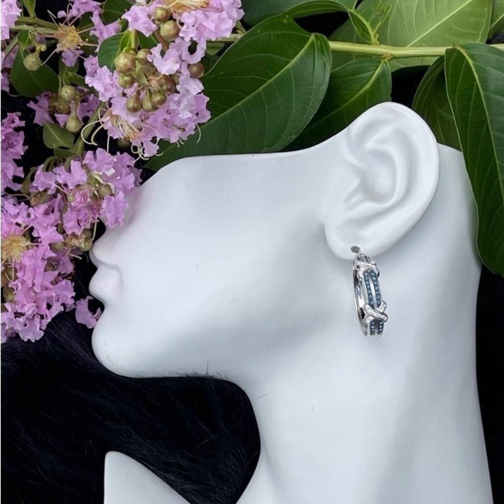 NWT Savvy Cie Rhodium Plated Pave Blue Crystal & SilverTone Hoop Earrings - Picture 9 of 12